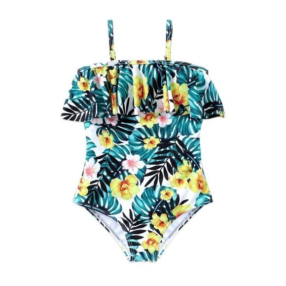 Toddler Girls Kids One Piece Ruffle Swimsuit Tropical Floral Bathing Suit Sz 2 - Picture 1 of 6